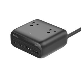 3-Outlet Charging Station with 2 USB-A and 2 USB-C Ports 70W, Black, hi-res