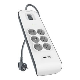 Protezione dalle sovratensioni con 6 prese, cavo da 2 metri e porte USB-A, Grigio, hi-res
