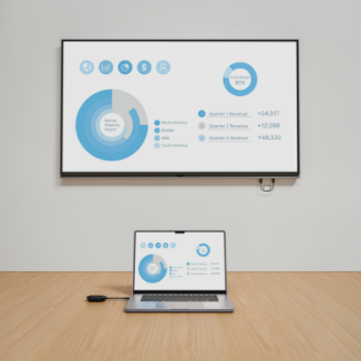 A laptop on a wooden desk connected to a small external device via cable, displaying a data dashboard on the screen.